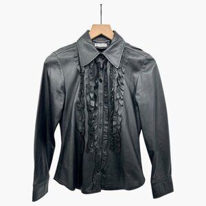 Vintage Tuxido Black Genuine Leather Ruffled Button-Up Shirt XS